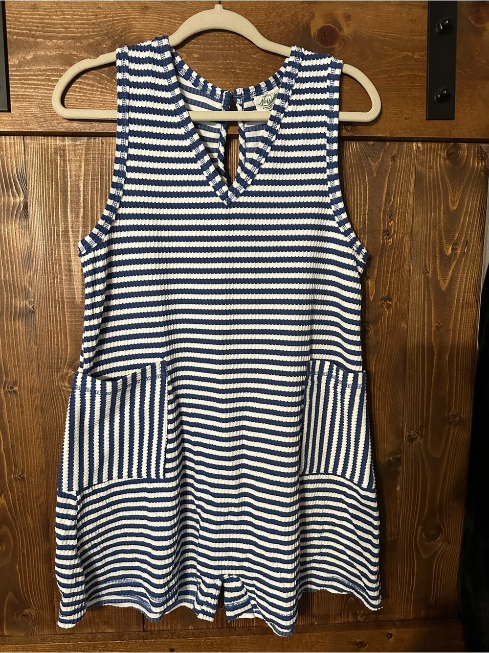 NWOT Women's Blue & White Striped V-Neck Pocket Romper